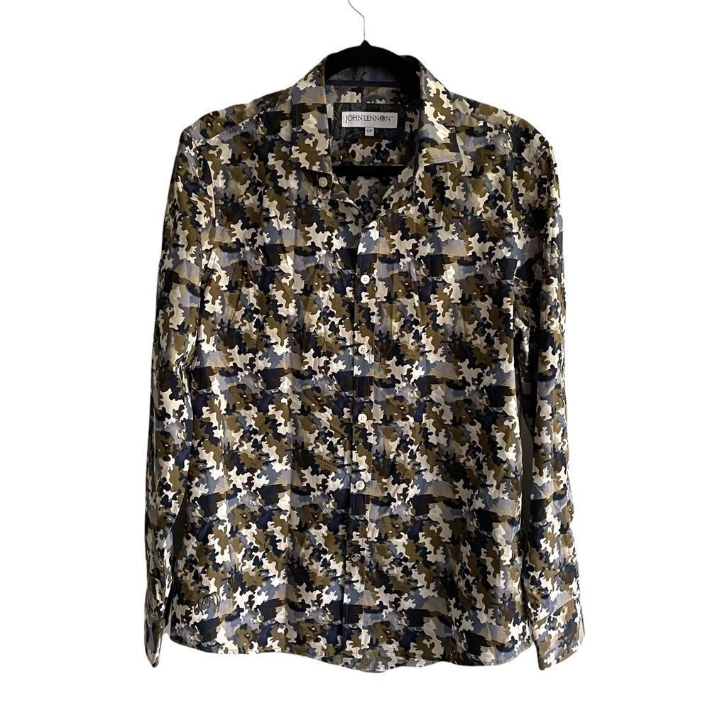 JOHN LENNON Men’s Cotton Button Front Shirt Print Blue Green S